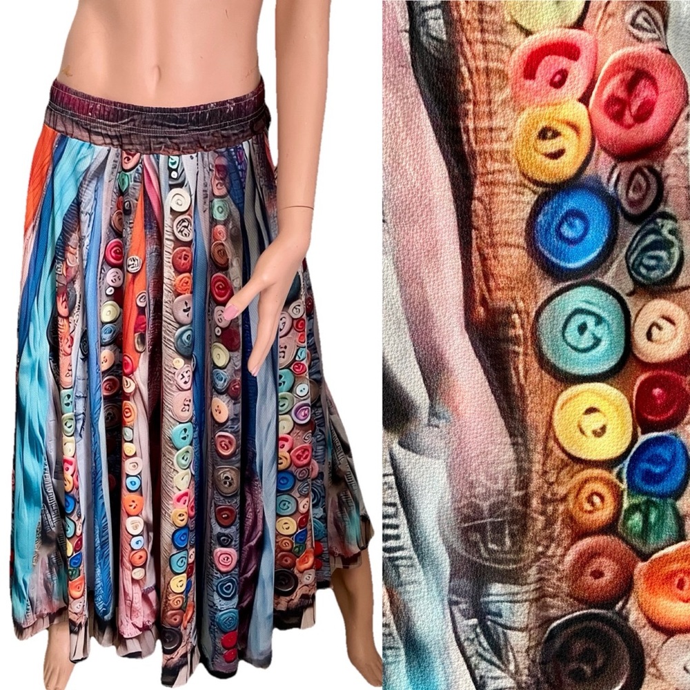 Unique Colorful Button Trompe L’oeil Print Boho Peasant SKIRT Large